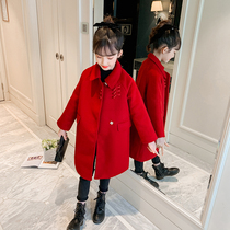  Girls woolen coat 2021 new Foreign style New Years long childrens clothing girls red woolen coat spring clothing