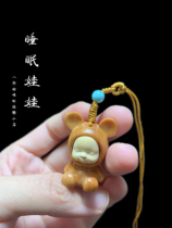 Sandalwood carving super cute sleep doll small doll pendant pendant diy key chain chain bag hanging accessories accessories