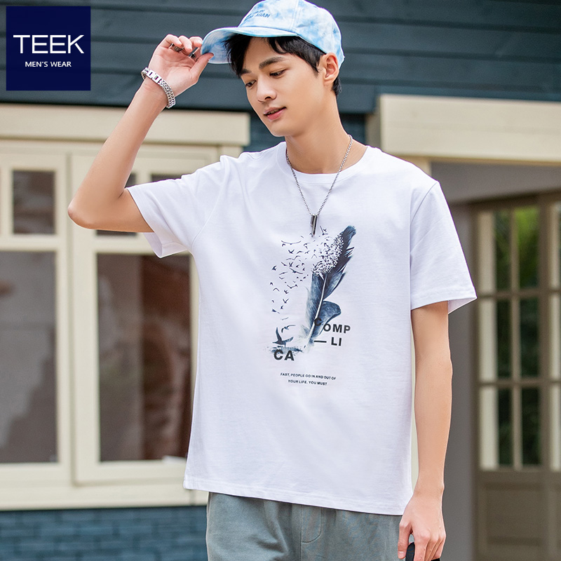 TEEK summer cotton short-sleeved t-shirt men trend feather print body 桖 students summer cotton clothes half-sleeve t