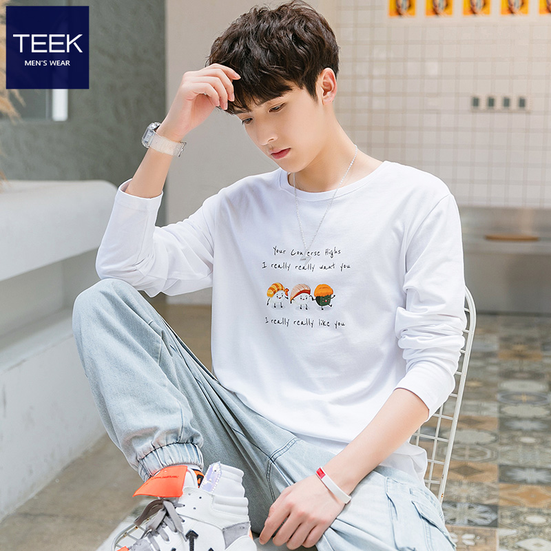 TEEK cotton t-shirt mens long sleeve trend spring fashion bottoms teen cartoon fun print autumn clothes