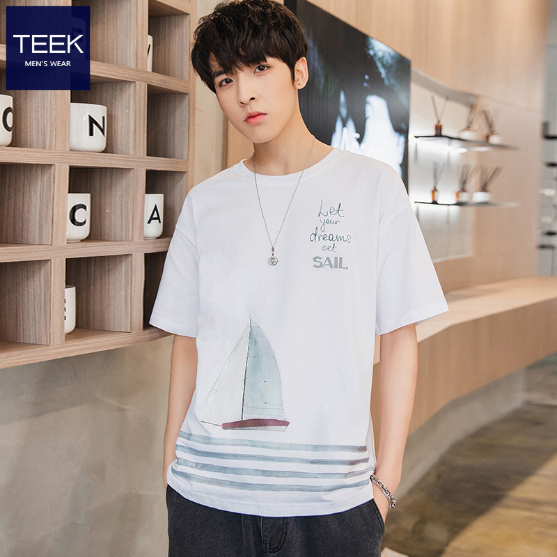 TEEK cotton short-sleeved mens T-shirt trend student sailing print bottoms shirt tidal wave loose 2021 summer clothes