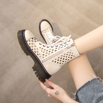 Cool Boots Woman Genuine Leather 2022 New Small Heightening Short Boots Hollowed-out Net Face Martin Boots Summer Dongle Boots