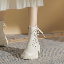Mostarsea strong push legs long short boots English leather soft thick soled white Martin boots female