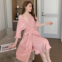 Summer thin section pure cotton short-sleeved nightgown womens 2021 new night dress female sense deep V suspender pajamas two-piece suit