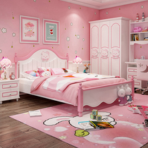 European style childrens girl bed Pink solid wood princess bed cartoon single bed Modern simple combination furniture set