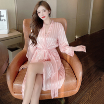 Sleeping Robe Bathrobe Lady Spring Autumn Thin pieces of ice silk Long Sexy Genuine Silk Pink Morning Robes Palate Sleepwear Dresses Dresses Summer