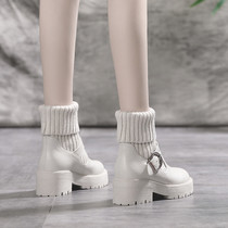 White leather Martin boots womens autumn and winter 2021 New British style plus velvet thick sole heels womens shoes retro boots