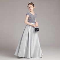 Female big boy piano dress gray illusion sequin long Costume Princess dress children host performance autumn
