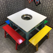 Solid Wood marble induction cooker integrated hot pot table and chair combination commercial hot pot restaurant string incense table full set of customized