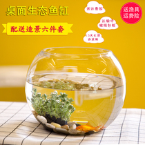 Office small fish tank thickened transparent glass turtle tank living room household desktop round Mini small goldfish tank