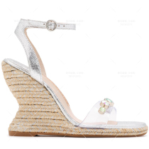 Sophia Webster cowhide metallic transparent rhinestone straw heeled heeled open toe ring sandals