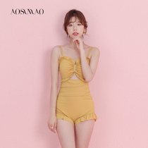 Ox bird swimsuit women thin Belly Belly 2021 new fairy fan conjoined conservative two-piece small chest gathering swimsuit