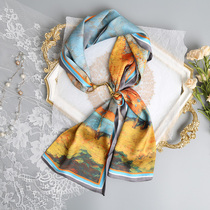 Oil painting silk scarf hair with female summer thin style tie hair tying hair silk with knitted hair band style retro strip tie bag