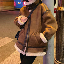 Winter fur one loose deerskin velvet lamb wool coat female 2022 wild stand collar motorcycle clothing plus velvet thickening
