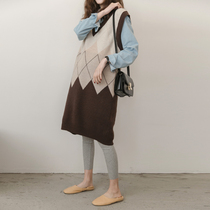 Gestational Maternity waistcoat Waistcoat Vest Skirt Jacket Autumn Clothing New Loose Plaid In a Long Spicy Mother Knit Sweater Dress Pregnant Woman Dress