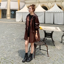 Leather jacket female mid-length 2021 autumn new niche design explosion style fried street hooded motorcycle leather jacket