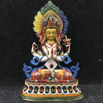 Tibetan Buddhism Nepalese copper painted with backlight one foot two Buddha statue Four-armed Guanyin Buddha statue 38 cm