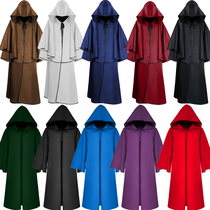 Pure-colored Hat-robe retro-magician cloak medieval wizard with hat wizard stage show outdoor cloak
