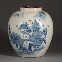 Qing Tongzhi annual blue and white Jiangnan water town purple border Jar jars Jingdezhen antique porcelain home decoration ornaments
