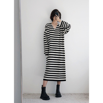 Profile slim vneck long sleeve curling intellectual stripes all wool knitted dress new beauty warehouse