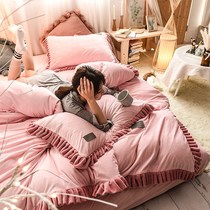 Thickened simple coral velvet four-piece set of autumn and winter warm girl heart Fale velvet bed sheets quilt cover ruffles 1 8 meters