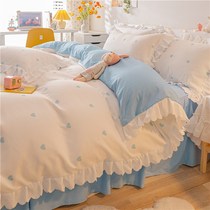 Korean version of water washing cotton bed skirt four sets bedding ins princess style sheets quilt cover spring and autumn dormitory three sets 4