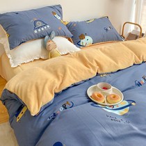 Cartoon cotton milk velvet bed four-piece cotton winter coral velvet sheets quilt cover student dormitory three-piece set