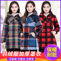Han Edition Autumn Winter Coat Down Clothing Hood Clothing Adult Plaid plush long sleeves Kitchen Apron Work Clothes