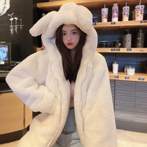 2021 Winter New imitation Rex rabbit fur fur thick plush velvet coat female cute ears hooded coat long