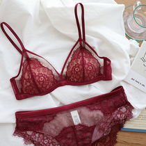 French lace thin triangle cup underwear Female sense of the year of life Red satin edge rimless bra set
