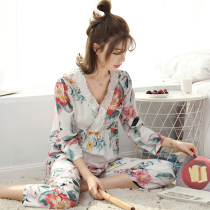 Spring and autumn cotton pajamas Womens long-sleeved thin cotton silk suit Korean version artificial cotton loose home clothes large size