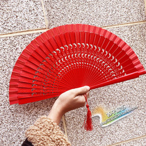 Dance fan red fan solid wood fan bone opening and opening smooth and double face fan stage walking show folding fan