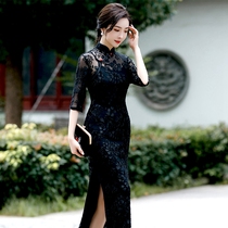 High-grade long sleeves improved version of flocking cheongsam slim female black Chinese style old Shanghai daily mother clothes