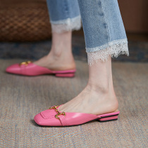 Baotou Half slipper female Xia 2022 New genuine leather square head flat-bottomed sandals outside wearing coarse heel high heel Mueller shoes