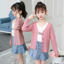 Girl Knit Cardiovert Thin Spring Summer Children Sweater Jacket Spring Autumn Little Girl Air Conditioning Shirt Extra-large Boy Blouse