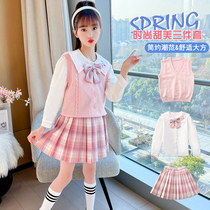 Girl Spring Autumn One-piece Dress 2022 Spring Clothing Elementary School Students College Wind Children Jk Sweater 100 Pleats Skirt Three Suits