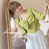 2021 summer new short-sleeved square collar cardigan shirt bow vintage style high-waisted long skirt two-piece set