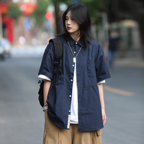You first love Lao Wang Japanese retro tooling short sleeve shirt mens Tide brand bf lazy wind half sleeve jacket shirt Women