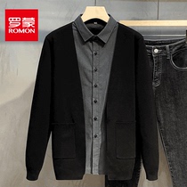 Luo Meng autumn and winter mens fake two wool knitted cardigan business casual shirt collar coat mens black sweater