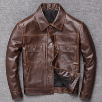 Haining leather leather mens first layer cowhide jacket short motorcycle leather mens Korean slim autumn jacket lapel