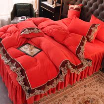 Warm thick milk velvet bed skirt four-piece flannel autumn winter nude sleep comfortable quilt cover bed sheets