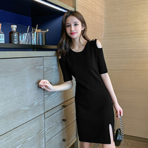 Hollow off-the-shoulder ice silk small black skirt mid-length 2021 summer straight tube thin split knitted dress small man