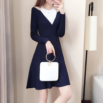 Hollow out shoulder thin fake two knitted skirt 2021 autumn new small fragrant wind waist sweater base A- line dress