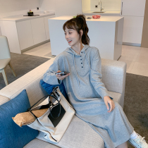 Pregnant womens dress autumn loose size hooded T-shirt long sleeve sweater dress womens long early autumn breastfeeding