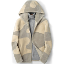 Limited cashmere mens fur coat camouflage hooded one short Lamb hair thick high-end fur coat