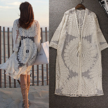 Sunscreen shirt Medium long beach coat Swimsuit jacket Hollow lace mesh bikini blouse Seaside holiday cardigan