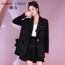 (Same model in shopping malls) Sugar 2022 Spring New Long Loose Imitation Diamond Bow Decorative Suit Jacket Women