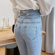 Korean high-end jeans women thin light-colored spring and summer retro high-waisted tight design sense nine-point pencil pants