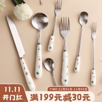 Blue Lotus home stainless steel ceramic handle western food knife and fork small spoon household coffee spoon cute tableware female exquisite