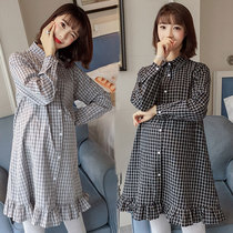 Maternity dress Autumn shirt dress Autumn and winter plaid maternity top Long sleeve medium long professional shirt skirt